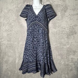 Rebecca Taylor Silk Dress Womens 4 Geometric V Neck Puff Sleeve Boho‎ Elegant